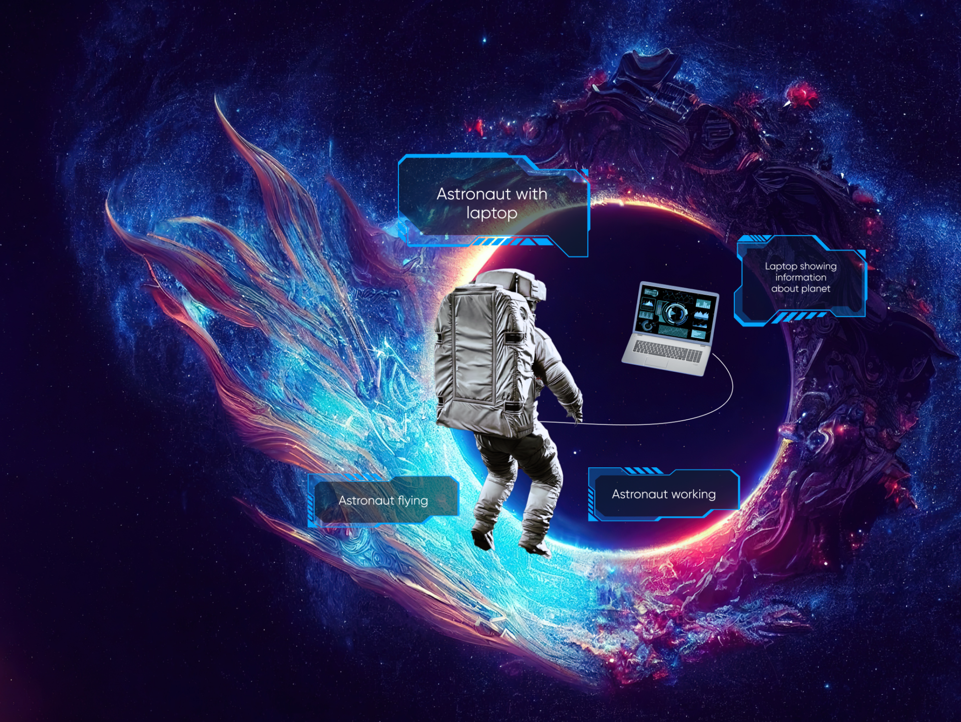 An astronaut enters a space-time portal with descriptive content displayed illustrating AI content tagging.