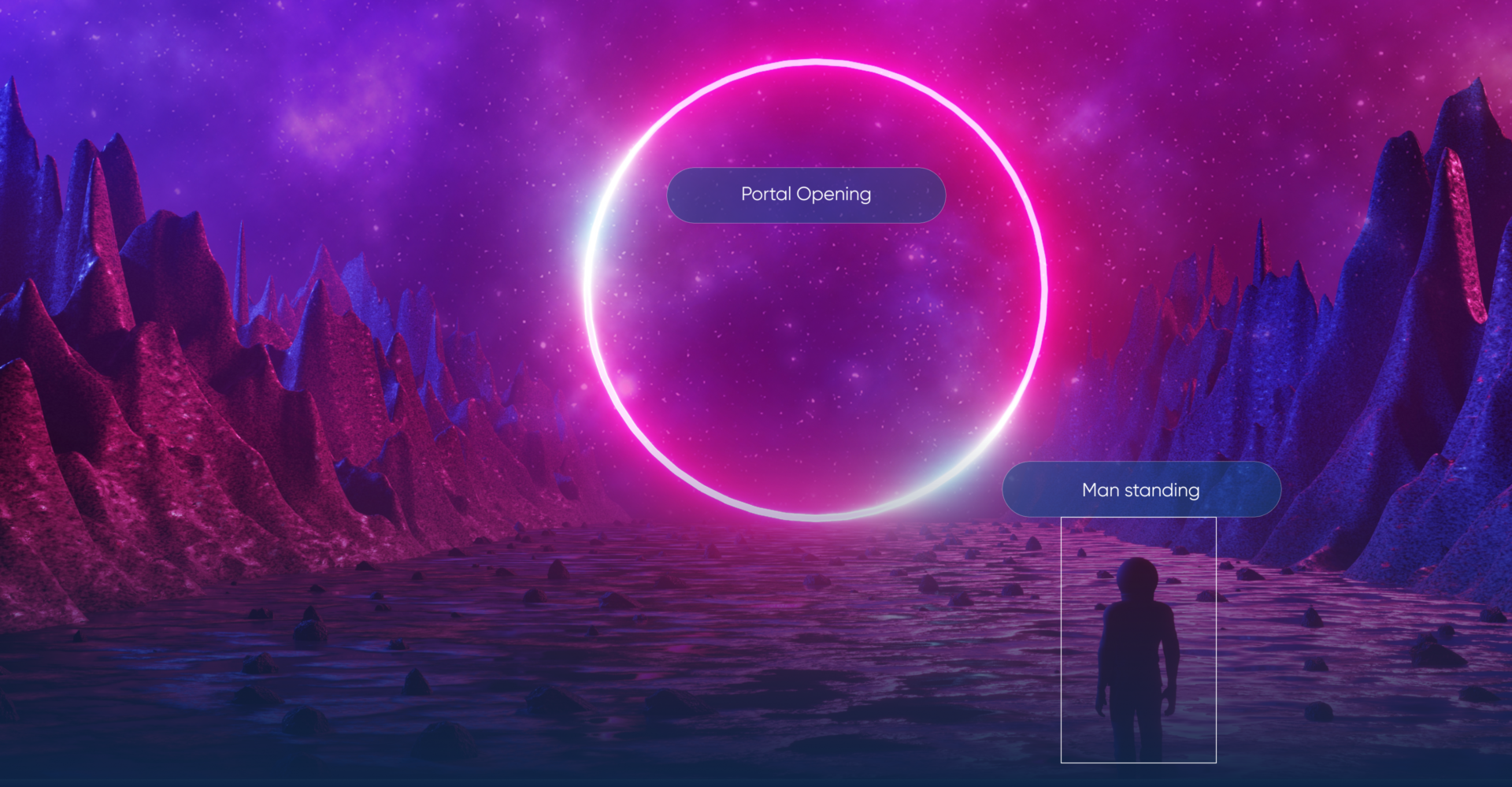 The image shows a man standing before an illuminated portal on an alien planet with objects being labeled using data labeling services.