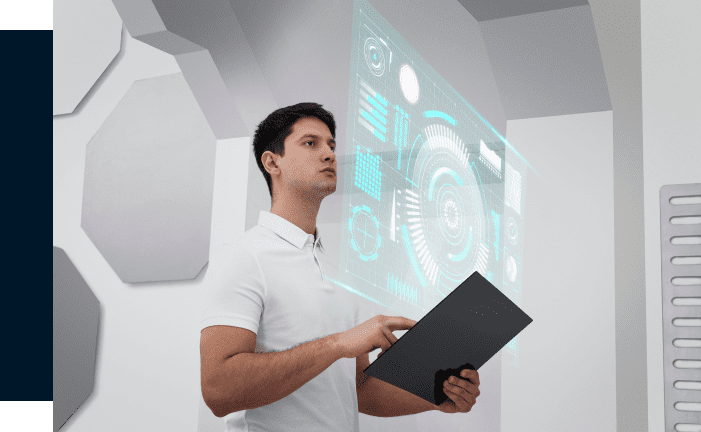 A male AI expert holding a tablet and monitoring the service.