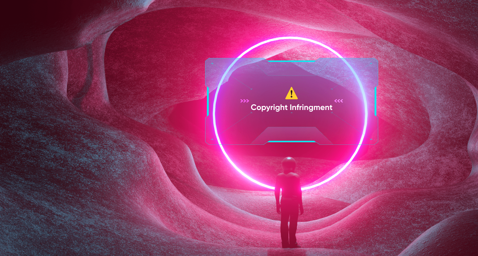 Content moderation services can identify and flag instances of copyright infringement. This is demonstrated with an image showing an alien standing in front of an illuminated portal on an alien planet with an alert for copyright infringement.