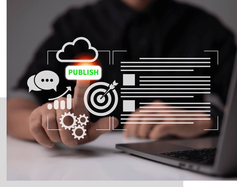 A businessman clicking a virtual publish button illustrates the concept of publishing content in the cloud.
