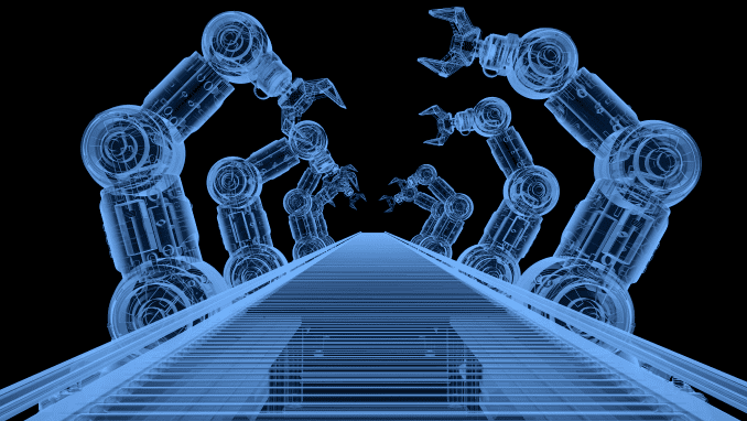 3D rendering of an X-ray robot assembly line with a conveyor belt.