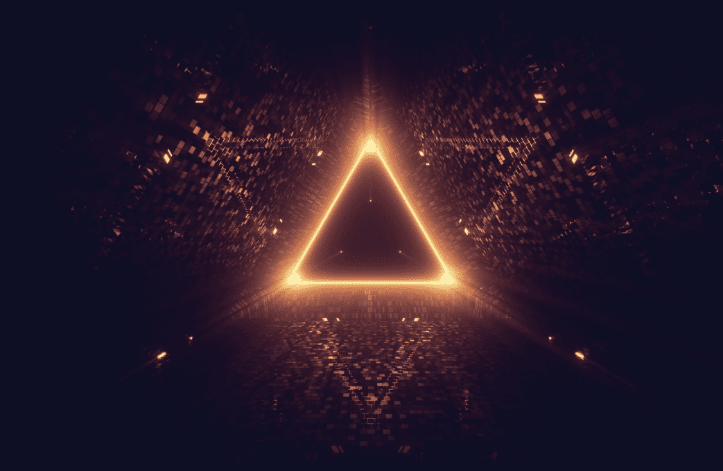 A glowing triangle over an inverted shattered triangle.