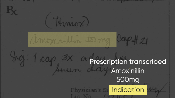 Image illustrating a prescription being transcribed and displaying the name of the medicine.