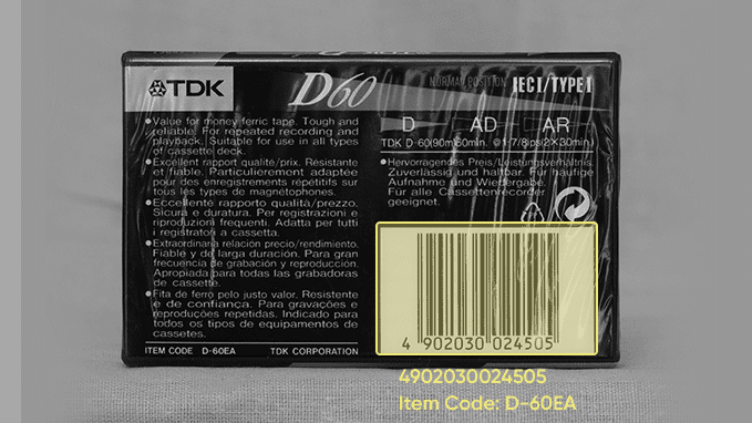A greyscale image of a TDK D60 cassette with the barcode region highlighted for Barcode Analysis.