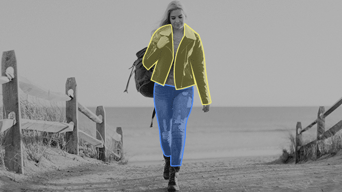 Image of a woman walking in a sandy area with a backpack, with different regions segmented in various colors for Fashion Trend Analysis.