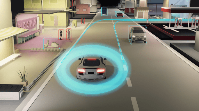 Auto Pilot autonomous car with object detection sensors and digital speedometer with highlighted lanes and vehicles.