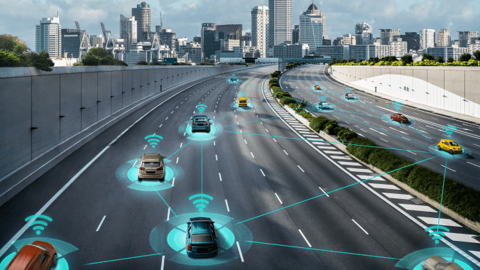 An autonomous car sensor system concept image showing cars with connectivity in the nearby vicinity.