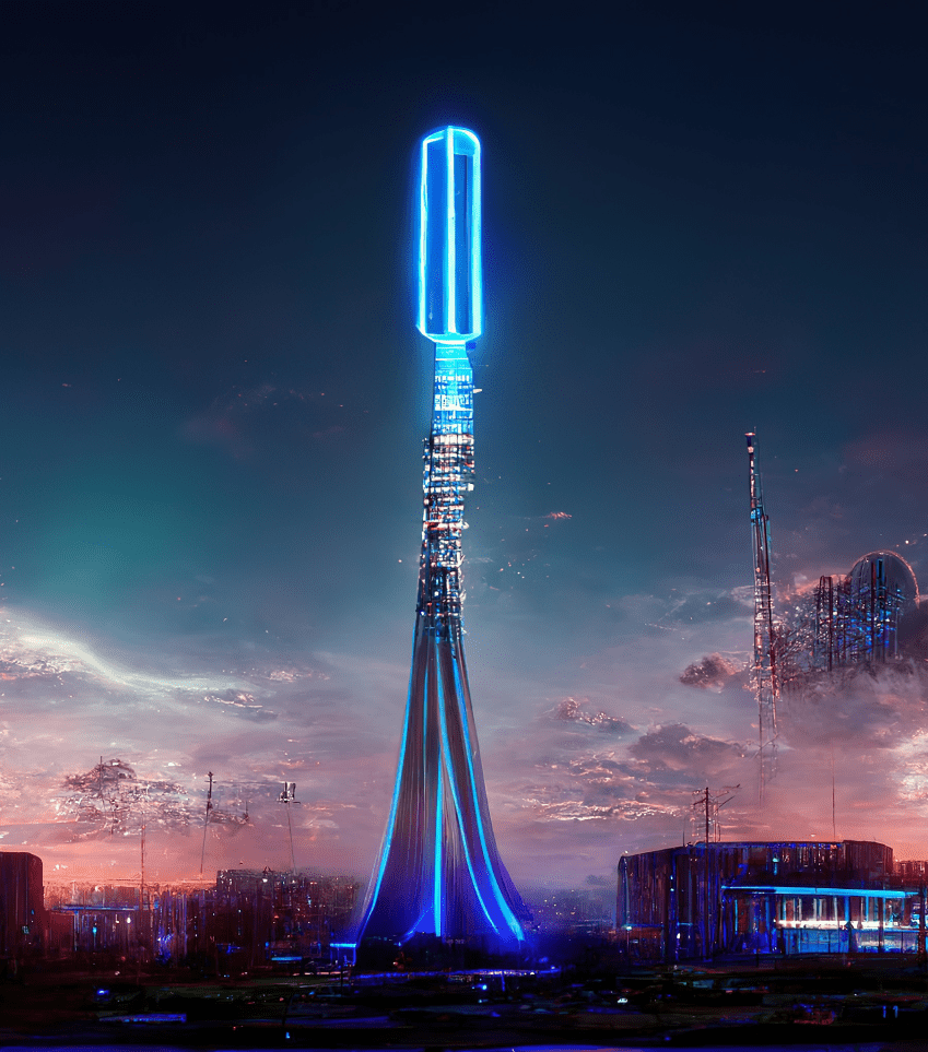 A communication tower illuminated with neon lights in a high-tech city.