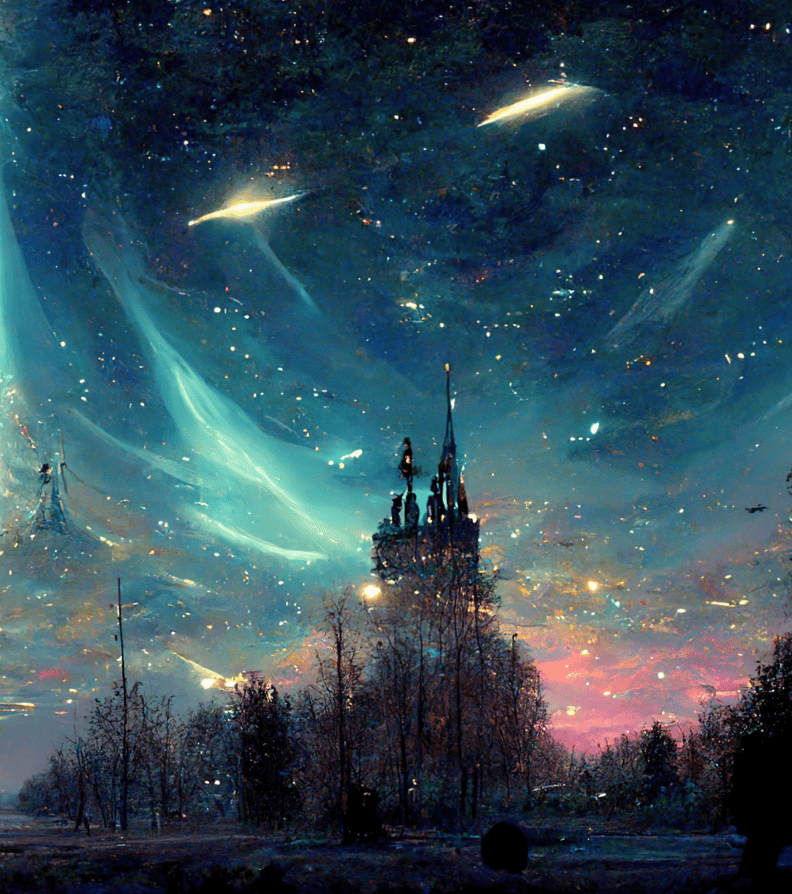 Illuminating objects illuminate the sky of a fantasy world.