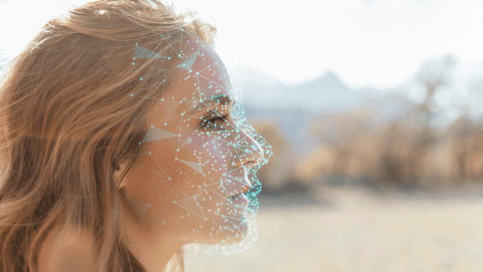 A side view of a woman's face with a scanning overlay, showing facial features with Lidar Annotation.