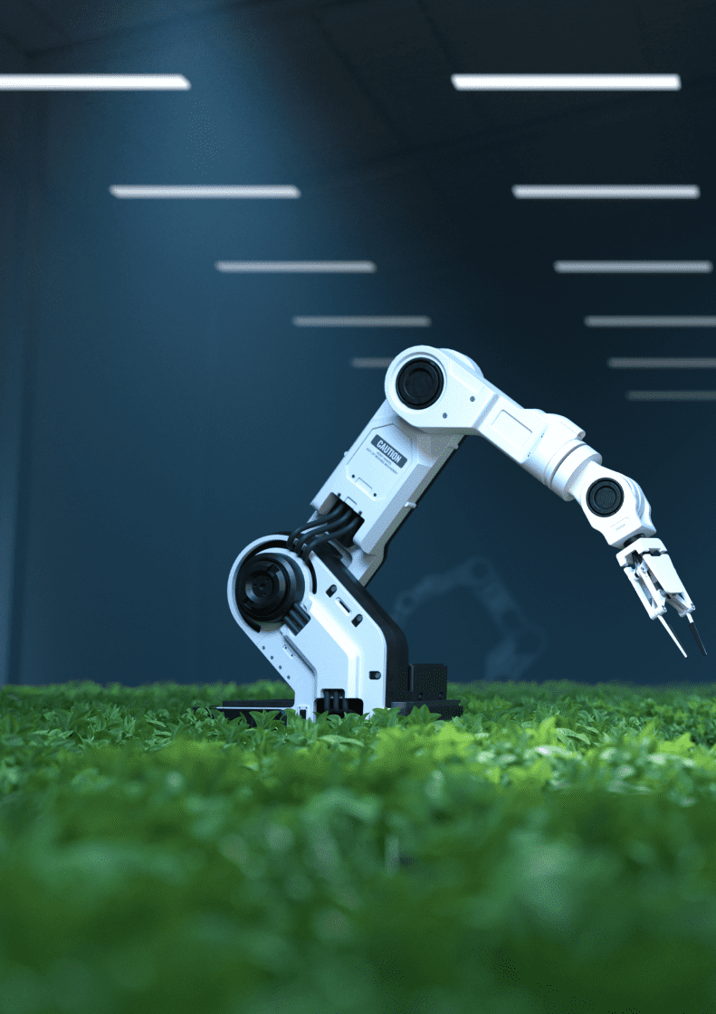 A robot arm working in a greenhouse illustrates AI in Agriculture technology concept.
