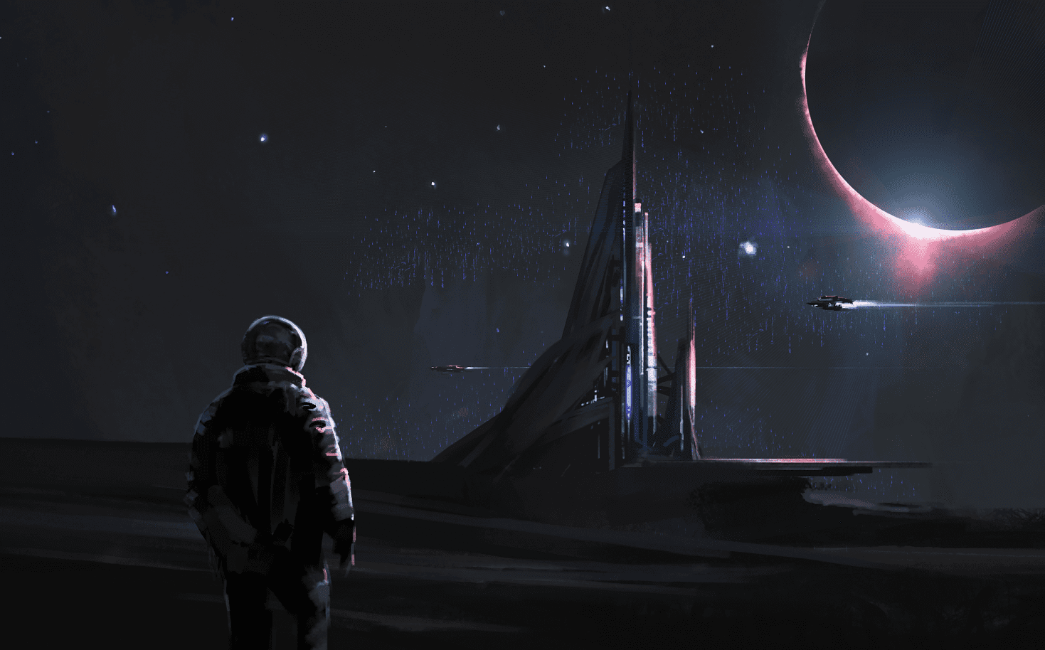 A 3D illustration of an astronaut looking at magnificent structures on an alien planet.
