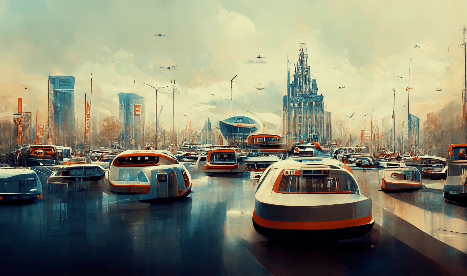 Image showing self-driving cars in a futuristic city illustrates automotive AI.