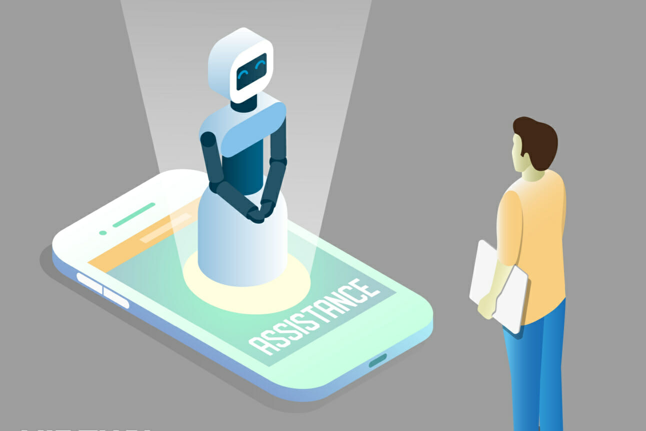 Vector image of a smartphone robot virtual assistant or chatbot communicating with a male human.