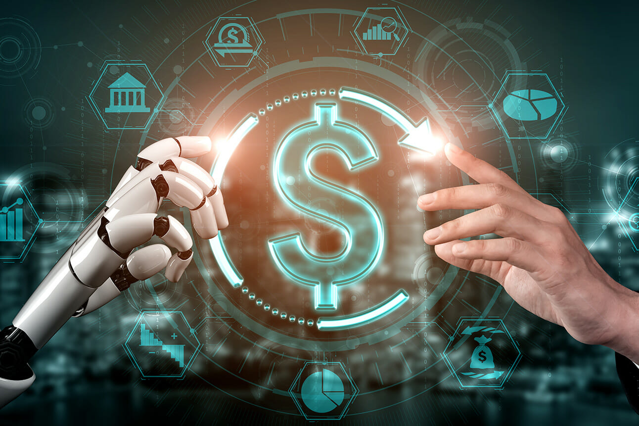 A double-exposure image of a robotic arm and a human hand touching digital money illustrates the US Federal Trade Commission's Guidelines on AI Applications.