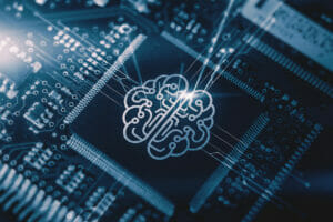 An image of a computer chip with an image of a brain illustrates generative AI's self-learning, improvement, and creative capabilities.
