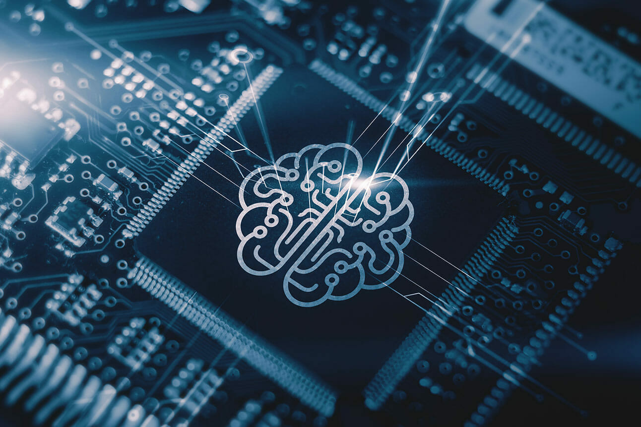 An image of a computer chip with an image of a brain illustrates generative AI's self-learning, improvement, and creative capabilities.