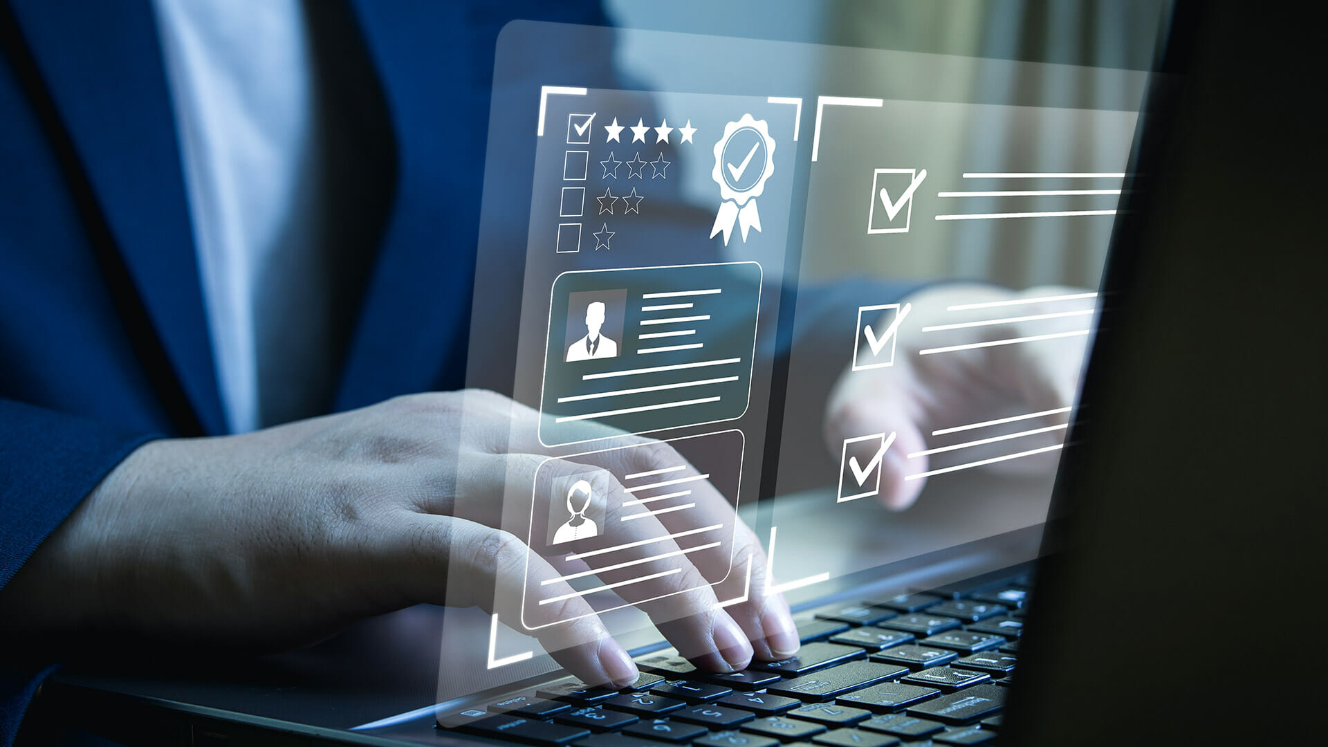 A close-up image of an AI expert's hands using a laptop with feedback icons illustrates the Reinforcement Learning from Human Feedback.